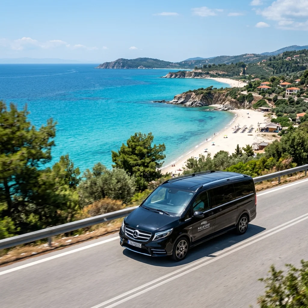 Black private transfer minivan Mercedes V-Class driving along the scenic seaside highway in Halkidiki