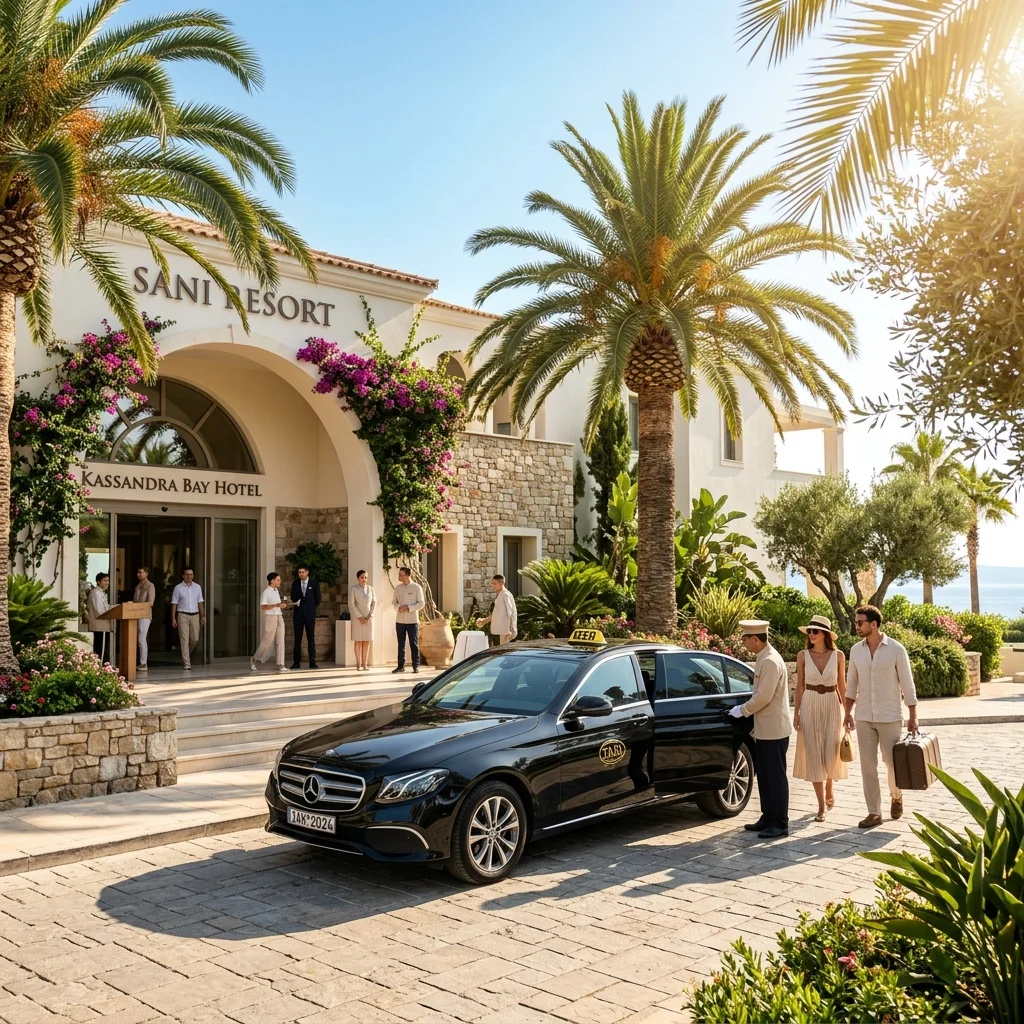 Luxury Sani resort beach club entrance with a parked premium black private transfer taxi E-Class in Kassandra