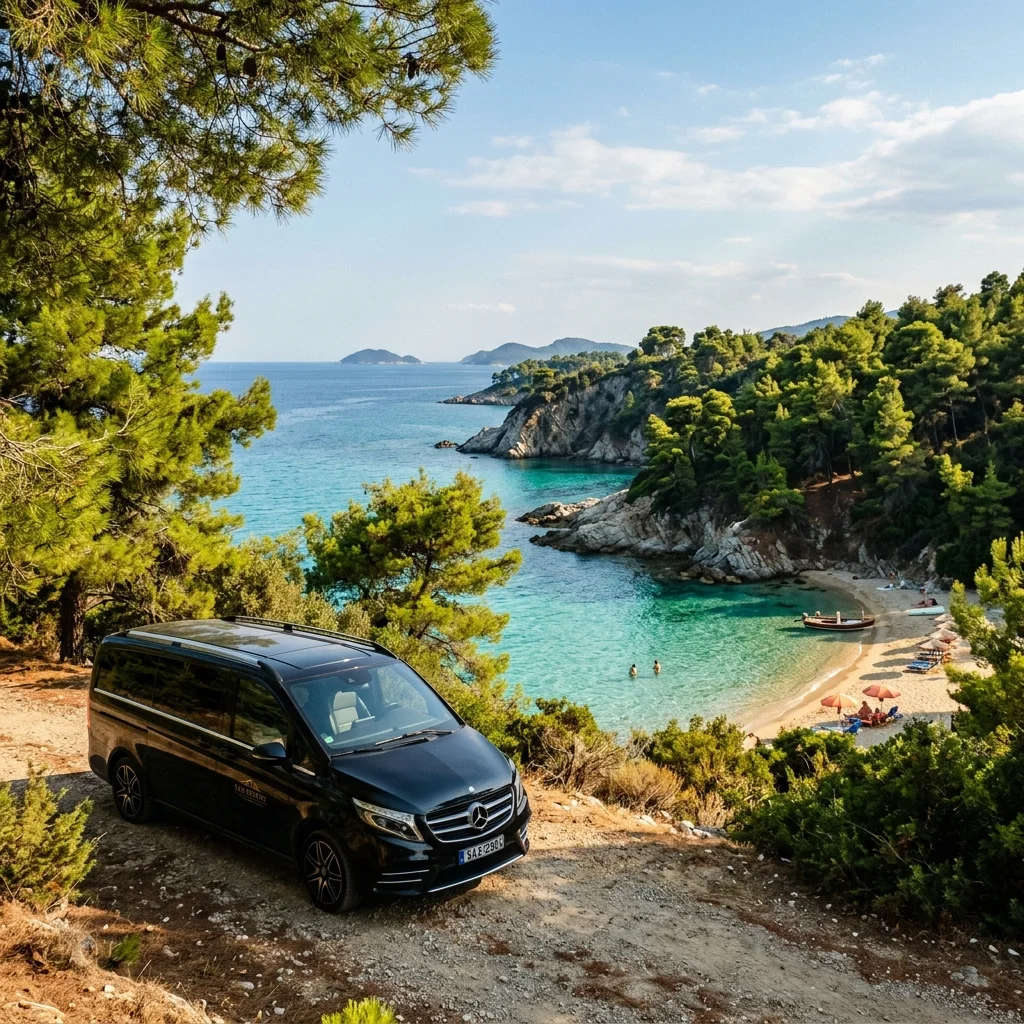 Black private transfer minivan Mercedes V-Class parked above a beautiful wild sandy beach cove in Sithonia, Halkidiki