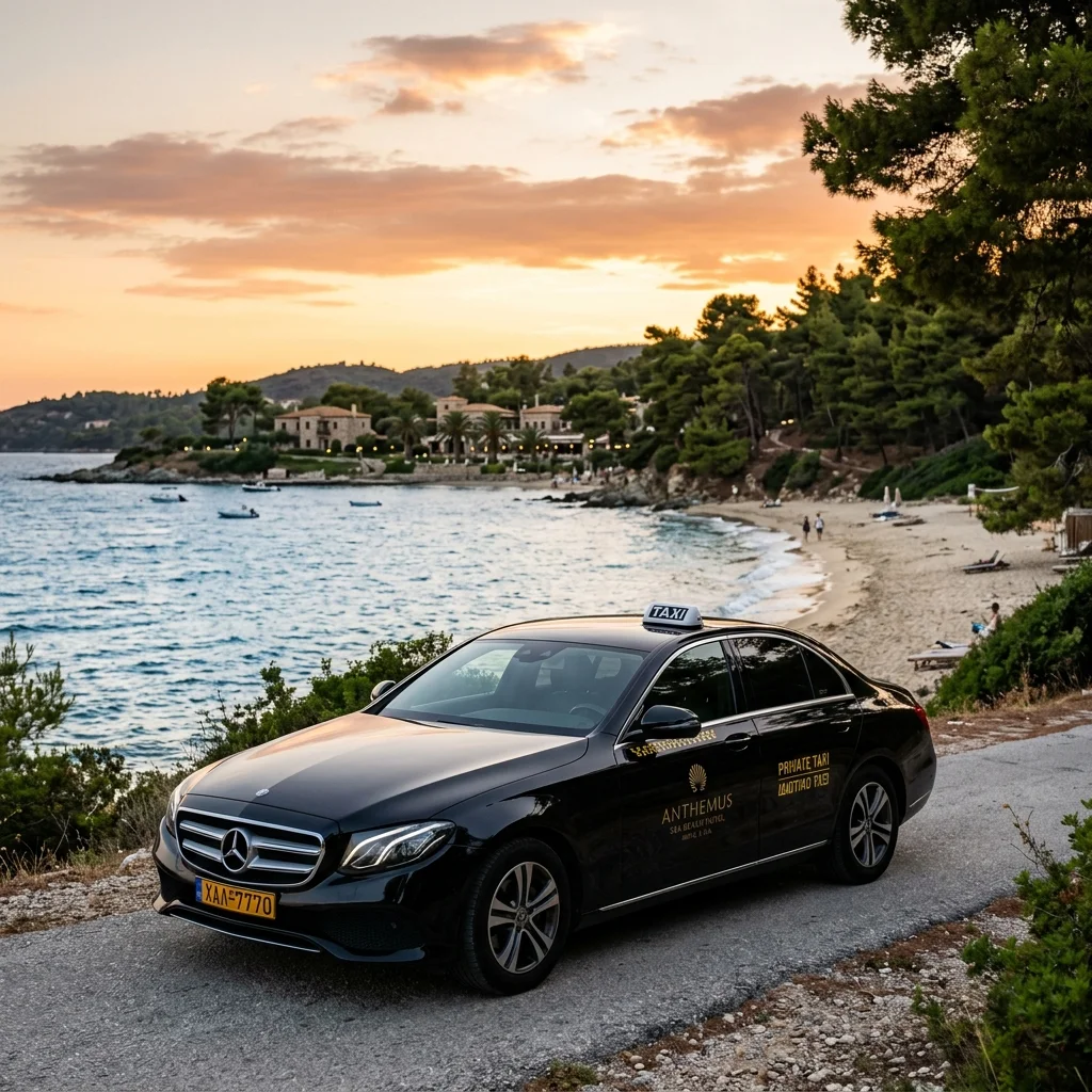 Private taxi Mercedes E-Class parked near the sandy beach of Anthemus Sea Beach Hotel in Sithonia