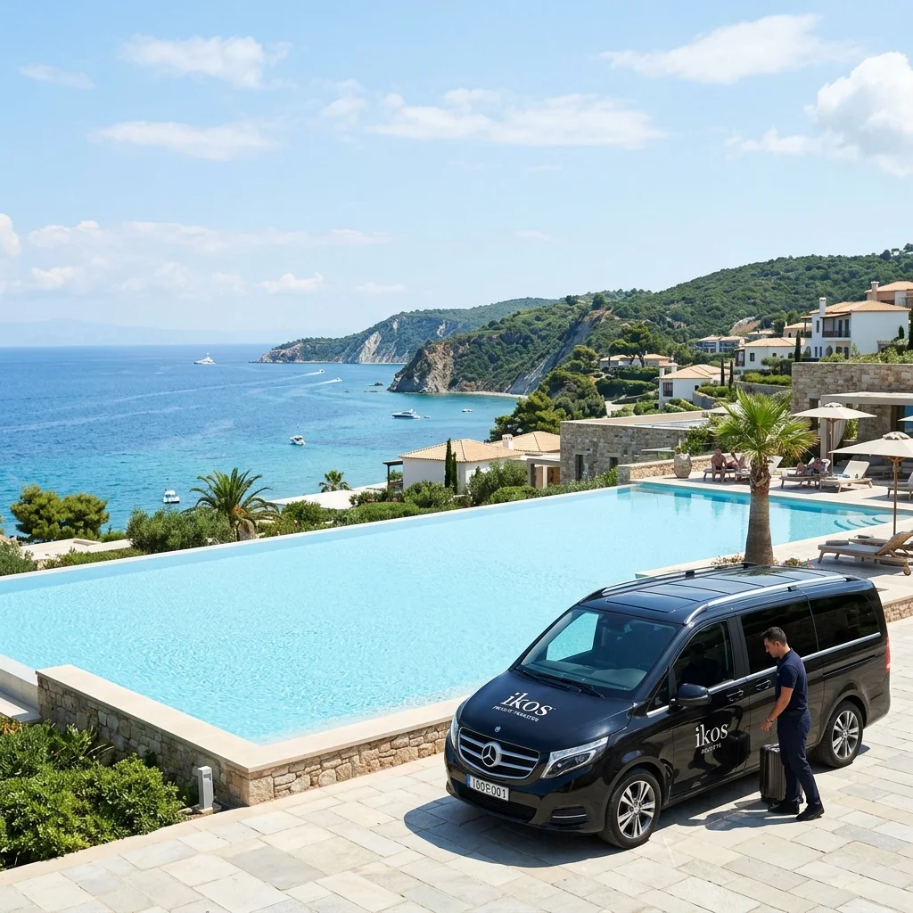 Private transfer sedan parked outside the beachfront Ikos Oceania Resort in Nea Moudania