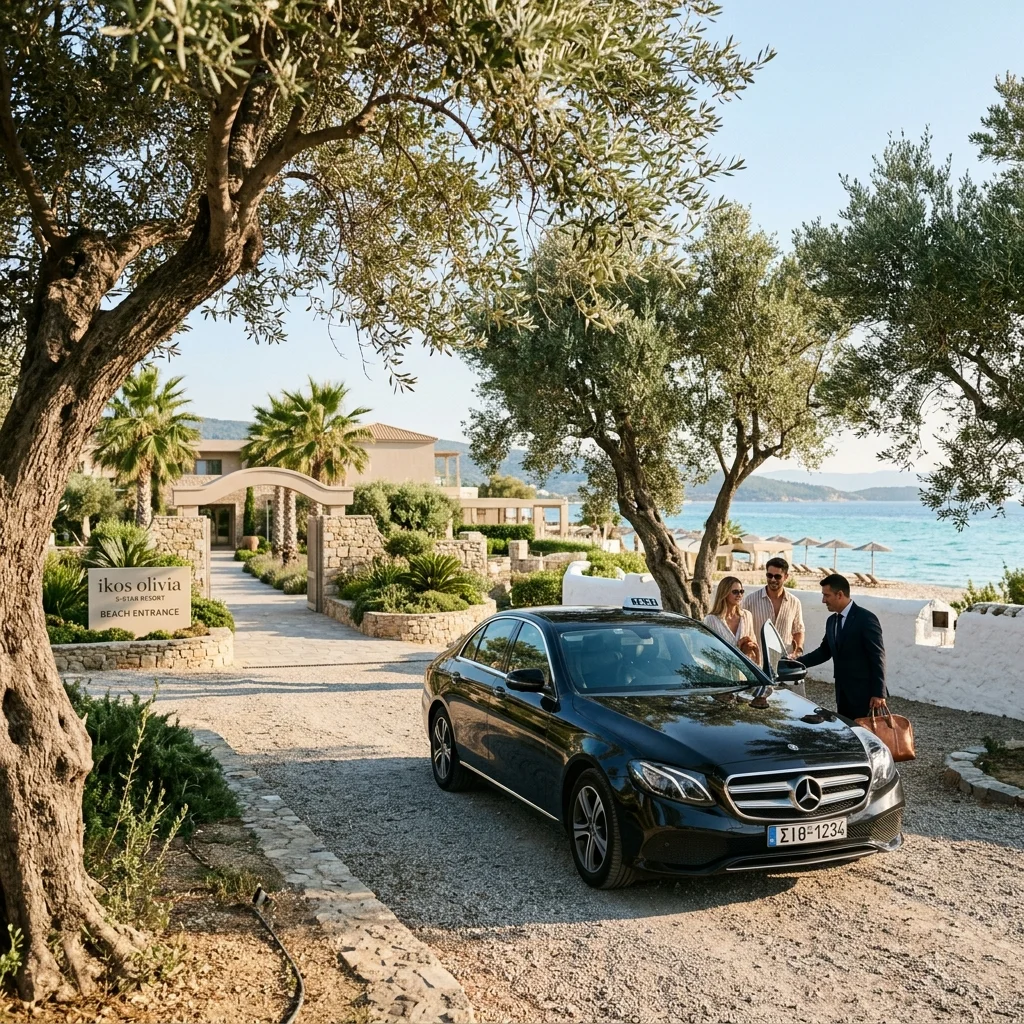 Premium private minivan transfer at the olive groves of Ikos Olivia Resort in Gerakini