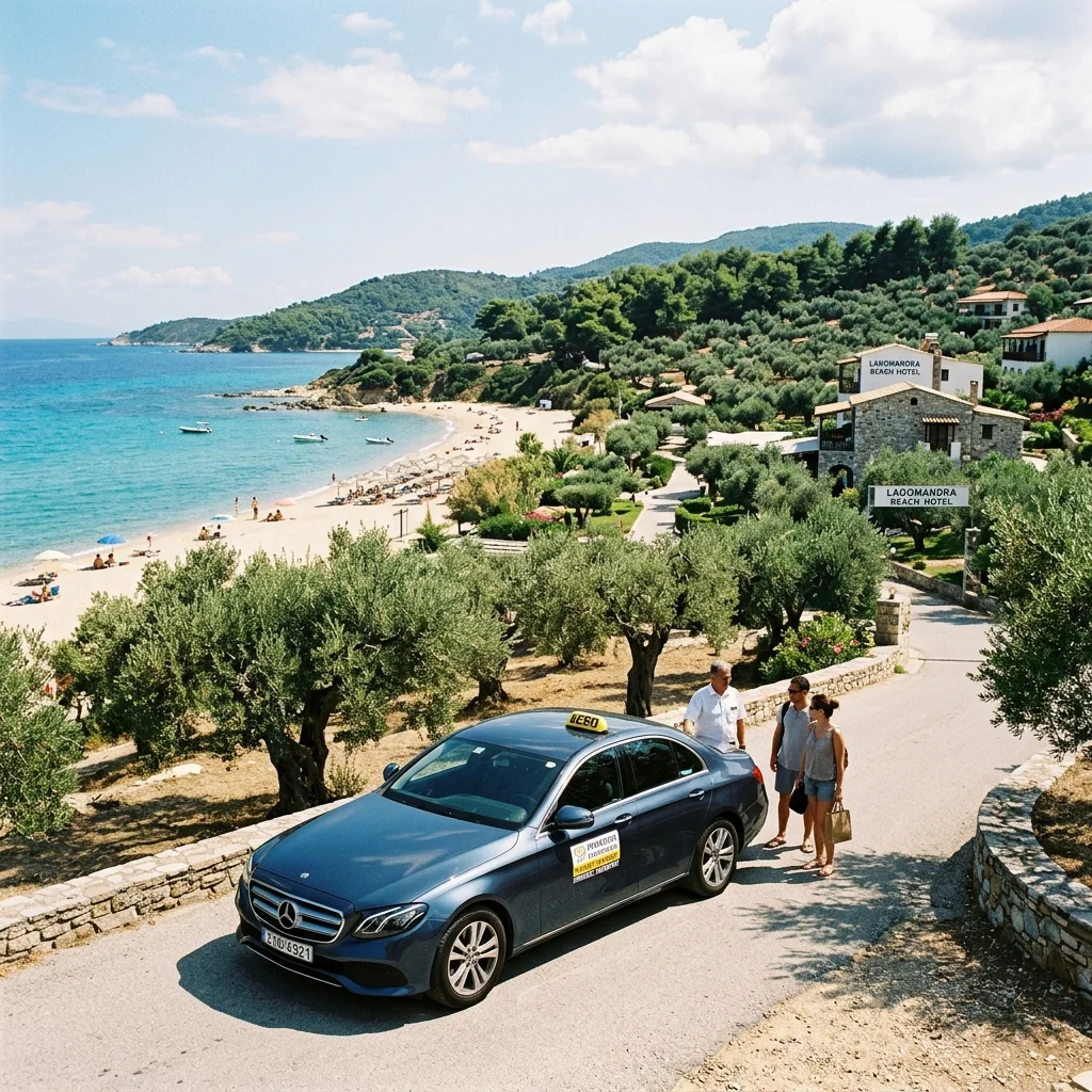 Private transfer Mercedes E-Class taxi near the olive grove of Lagomandra Beach Hotel in Sithonia