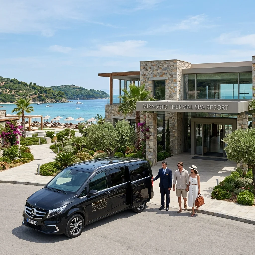 Private transfer Mercedes E-Class taxi outside the luxury Miraggio Thermal Spa Resort in Kassandra
