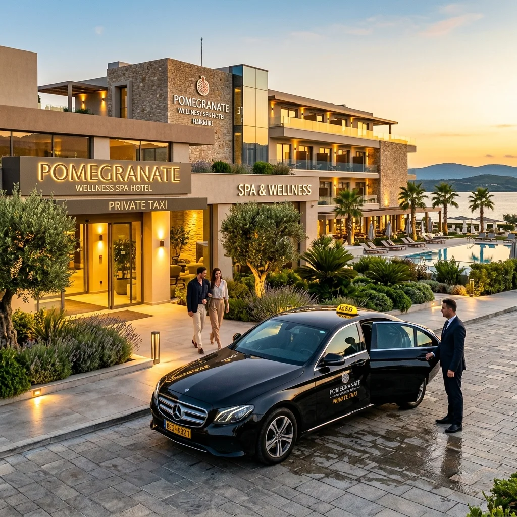 Mercedes E-Class private taxi parked outside the modern spa building of Pomegranate Wellness Spa Hotel in Halkidiki