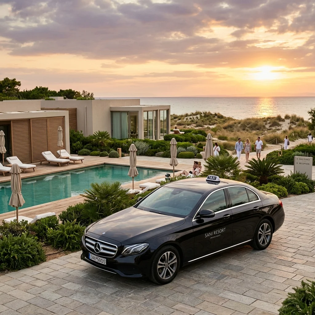 Luxury sedan private taxi at the modern entrance of Sani Dunes Hotel in Kassandra