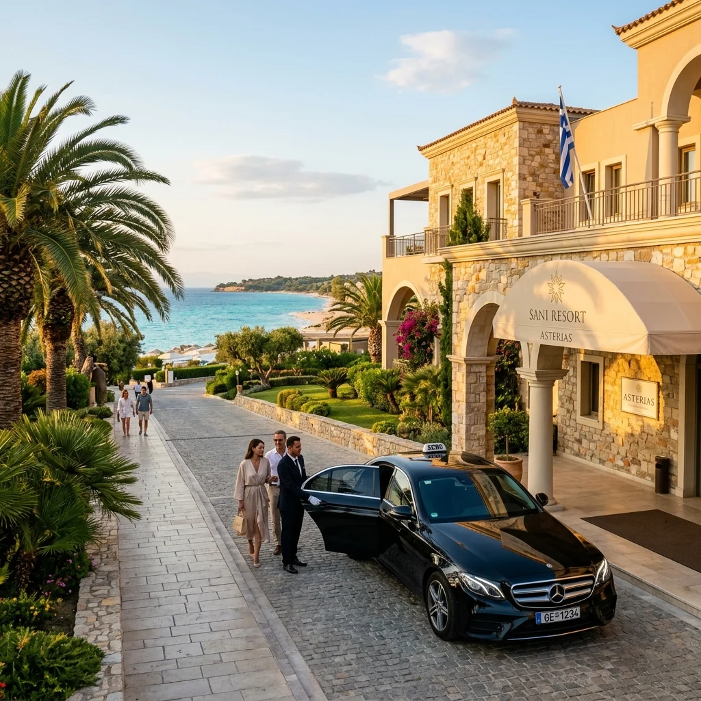 Mercedes E-Class private transfer parked at Sani Resort lobby entrance in Kassandra, Halkidiki